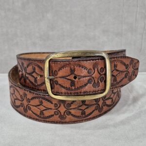 Tooled leather belt men's 38 brown steerhide brass color snap on buckle USA
